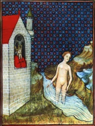 Bathsheba aistien Raamatun pienoiskuvan mukaan 1300-luvulta.
