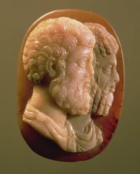 Cameo kuvaa Marcus Aurelius (121-180) ja Lucius Verus (130-169) Roman (onyx)