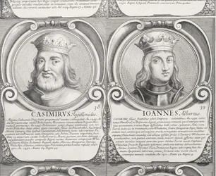 Casimir IV Jagiellon ja Jan I Olbracht, no. 38 ja 39 puolalaisten herttuoiden ja kuninkaiden kronologisesta sarjasta (kaiverrus)