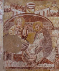 kirkko (Église Saint-Martin). Sisustus. Seinämaalauksia (freskot). Kuoron pohjoisseinä. Yksityiskohta. jalkojen pesu. 12. vuosisadalla.