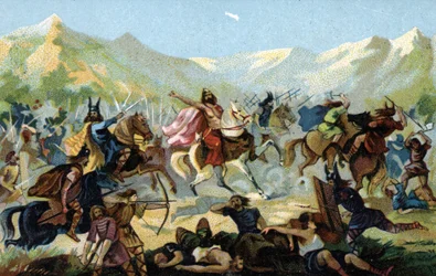 Frikkien kuningas Klovis I (466-511) vannoi Tolbiacissa vuonna 496 käydyssä taistelussa alamaanien germaaniheimoa vastaan, että hän kääntyisi uskoon voittaessaan. 1800-luvun loppu (kromolitografia).