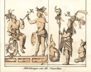 Kokoelma Tlapallanin (Meksiko) piirustuksia. Kirjan litografia: Friedrich Wilhelm Goedsche (1785-1863) "Galerie complete en tableaux fideles des peuples d