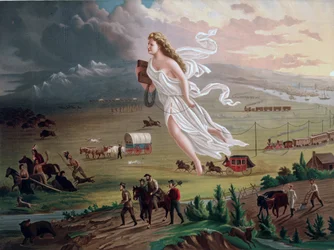 Manifest Destiny -käsite: Allegorinen naishahmo, joka kantaa sähköistä lennätinjohtoa, johtaa amerikkalaisia pioneereja ja rautateitä länteen, intiaanit, puhvelit ja karhu vetäytyvät heidän edellään. Kromolitografia vuodelta 1873.