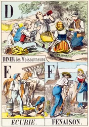 D E F: Diner des Moissonneurs, Ecurie, Fenaison - "Matalon aakkoset" 1800-luvun loppu (kaiverrus)