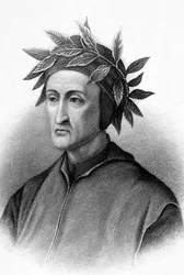 Dante Alighieri (1265-1321) italialainen kirjailija (Jumalainen komedia), tässä laakerinlehvillä kruunattu, kaiverrus.