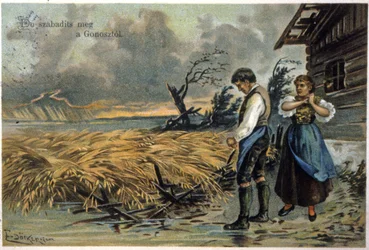 Pelasta meidät pahasta. Talonpoikia myrskyn jälkeen. noin 1900 (kuvitus).
