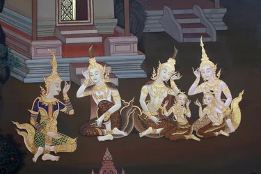 Yksityiskohta seinämaalauksesta Buddhapadipa-temppelin Uposathassa (pyhäkkösali), Wimbledon, Grande-Bretagne