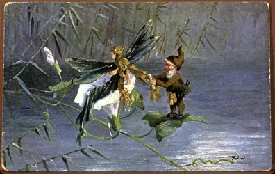 Kääpiö punoo keijua, 1900-luvun alku (postikortti)