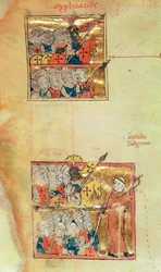 Esim. 1500 f.45v Kaksi miniatyyriä, jotka esittävät Pietari Erakon johtamia ristiretkeläisiä, n. 1095, Histoire Universelle, n. 1286 (vellum) (katso lisätietoja kohdasta 11457)