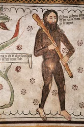 Ego sonto un homo salvadego per natura, chi me ofende ge fo pagura (Olen luonteeltani villi mies, ne, jotka loukkaavat minua, pelkään), fresko, Homo Salvadego -museo, Sacco, Cosio Valtellino, Lombardia, Italia