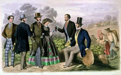 Elegantti seurapiiri viinirypäleiden sadonkorjuun aikaan, noin 1860-1870 (kaiverrus).