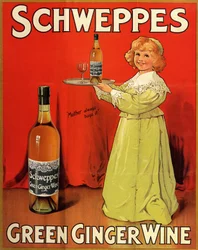 Englanninkielinen mainosjuliste "Schweppes Green Ginger Wine" -virvoitusjuomille.