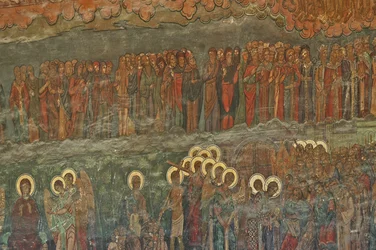 Eurooppa, ROMANIA, Bukarest, Patriarkaalinen ortodoksinen katedraali (1656), seinäfresko sisäänkäynnin vieressä