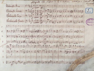 Ensimmäinen sivu Sinfonia n:n neljälle sellolle. 7 fi A-duuri, op. 92, kirjoittanut Ludwig van Beethoven
