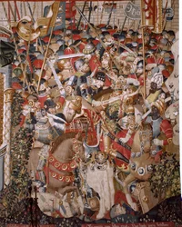 Flanderin kuvakudos. Sarja Troijan sota. Akilleuksen kuolema (Muerte de Aquiles). Sarjan kahdeksas kuvakudos. Malli Coëtivy Master (Henry tai Conrard de Vulcop). Valmista Tournai työpajoja. Noin 1470. Kangas Villaa ja silkkiä, 6/7 loimi/cm. Koko 482 x 942 