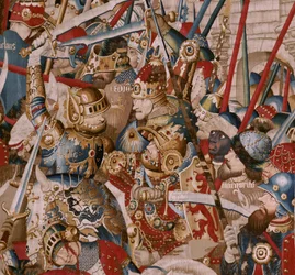 Flanderin kuvakudos. Sarja Troijan sota. Akilleuksen teltta (La Tienda de Aquiles). Sarjan kuudes kuvakudos. Malli Coëtivy Master (Henry tai Conrard de Vulcop). Valmista Tournai työpajoja. Noin 1470. Kangas Villaa ja silkkiä, 6/7 loimi/cm. Koko 467x690
