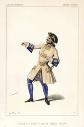 Francois Regnier Arnouldin roolissa Joseph Isidore Samsonin teoksessa La Famille Poisson, teatteri Francais