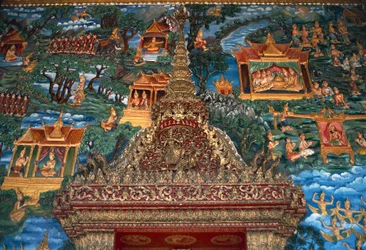 Fresko ja arkkitehtoninen yksityiskohta, Wat That, suuri pyhä stupa, joka rakennettiin uudelleen 1900-luvun Luang Prabangissa (Unescon maailmanperintöluettelo