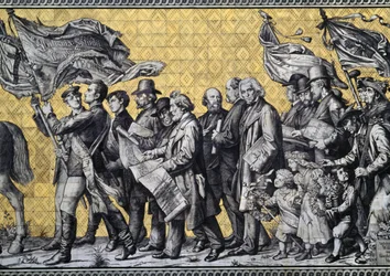 Furstenzug eli Prinssien kulkue Augustus Strassella, valmistettu 25 000 Meissen-laatasta, yksityiskohta, Dresden, Saksi, Saksa