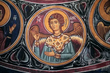 Gabriel Arkkienkeli -medalion Kristuksen ja viimeisen tuomion ympärillä Yksityiskohta bysanttilaisesta fresosta Asinoun kirkon Narthex-holvista Viimeinen tuomiokohtaus 1300-luku (1332) UNESCO, maailman kulttuuriperintökohde Troodoksen alue, Kypros