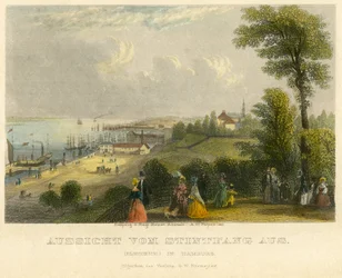 Saksa, Hampuri, Elbhoehe, näkymä Stintfangilta Elbe-joelle, vanhan värinen teräskaiverrus, A. H. Payne, Leipzig, julkaissut G. W. Niemeyer, noin 1850.