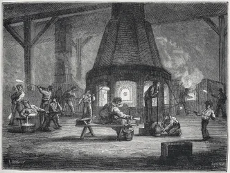 Lasinvalmistusta 1800-luvun jälkipuoliskolla : lapset työskentelevät, n. 1880 (kaiverrus).
