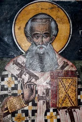 Kreikan ortodoksinen kristinusko; antiikin Bysantin freskot; piispa Nikolauksen seinämaalaus; Agios Nikolaoksen kirkko Petrassa; Lesbot; Egeanmeri; Kreikka; Euroopassa