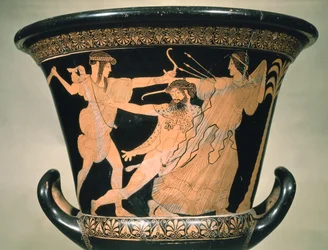 Herakles kamppailee, yksityiskohta ullakon punahahmoisesta verhiökraterista, 5. vuosisadalta eKr. (keramiikka)
