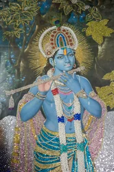 Hindulaisuus; maalaus Lord Krishnasta huilulla; Durgiana Mandir Vishnu -temppeli; Amritsar; Punjab; Intia; Etelä-Aasia; Aasia