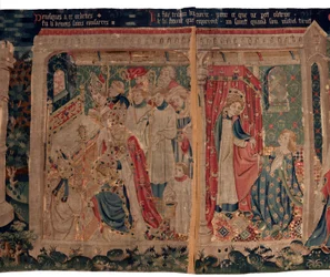 Saint Piatin ja Saint Eleuthèren historia, jota kutsutaan myös Arrasin kuvakudoksiksi. Tilattu kaanonilta Toussaint Prierilta, Burgundin herttuan kappelilta, 1300-luvun loppu - 1400-luvun alku. 22m x 2m. Yksityiskohta (kuvakudos)
