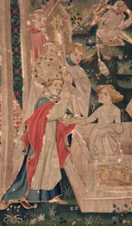 Saint Piatin ja Saint Eleuthèren historia, jota kutsutaan myös Arrasin seinävaatetukseksi. Tilattu Burgundin herttuan kappalainen, kanonisti Toussaint Prier, 1300-luvun loppupuoli - 1400-luvun alku. 22 m x 2 m. Yksityiskohta (kuvakudos)