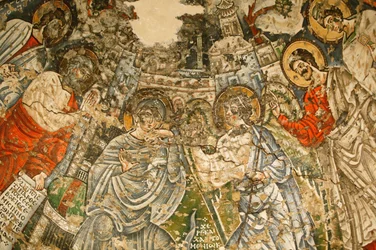 Pyhän Neitsyt ja Pyhän Johannes Kamen koptilainen luostari: 9. c. fresko: Ilmoitus. Mariaa ympäröivät profeetat Mooses, Esaiah, Hesekiel ja Daniel. Egypti