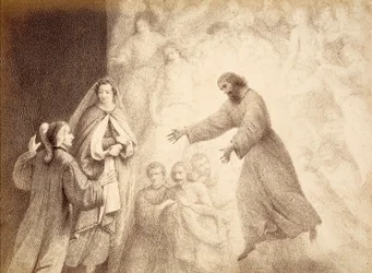 Marsin sfäärissä Dante tapaa esi-isänsä Cacciaguidan hengen. Kuvitus Dante Alighierin Jumalaisen komedian Paradiso-kappaleen XV laulusta. Franceso Scaramuzzan Firenzen kunnalle omistama teos.