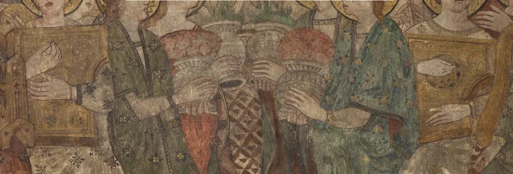 Sisustus. Pohjoinen risteys. Alttari (Altar de las pinturas murales). Alkuperäinen pääkappelista. Seinämaalauksia (freskot?). Yksityiskohta. 1400-luvun loppu.