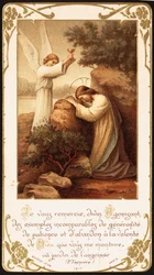 Jeesus polvistui rukoukseen Getsemanen puutarhassa, enkeli esittelee hänelle maljan. 1900-luvun alku (postikortti)