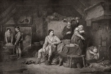 Kuningas Alfred Neatherdin mökissä. Alfred Suuri, noin 848-899. Wessexin kuningas .Taru kertoo, että kun Alfred pakeni Somersetin tasangoille, hän sai turvapaikan talonpoikaisnaiselta, joka ei tiennyt Alfredin henkilöllisyyttä ja jätti hänet katselemaan ka