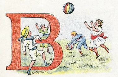 B-kirjaimen ilmapallo. Fosfatine Falieresin aakkoset. Kaiverrus. Brevete aakkoset S.G.D.G. apteekkari Pierre Emile Falieres. Kuvituksia kromolitografiassa, 1800-luvun loppu. 16 sivua. Mitat: 103x154mm