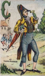 Kirjain C: Kadetti Roussel. Drolatic albumi. Sarjan numero 4 Albums-chromo kankaalle. Kromolitografia kudoksesta. Kuva Marcel Vagne, Jarville-Nancy, 1900-luvun alku. Mitat: 25 x 17,5 cm