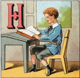 Kirjain H Ranskan historiana. Kaiverrus "Alphabet des petits ecoliers". Epinalin kuva, noin 1885. Privee Collection