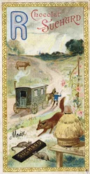 R-kirjain: rauskut, märehtijät, perävaunu, pesä, kettu, rotat, ruusu. Chocolat Suchardin toimittama aakkosten kaiverrus, 1900-luvun alku. 24 kromolitografiaa, jotka edustavat kuvasta löydettäviä paikkoja, hahmoja ja esineitä. Mitat: 105x55mm