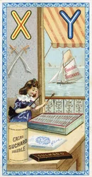 Kirjain X: ksylofonisti ja Y: yatagan, jahti. Chocolat Suchardin toimittama aakkosten kaiverrus, 1900-luvun alku. 24 kromolitografiaa, jotka edustavat kuvasta löydettäviä paikkoja, hahmoja ja esineitä. Mitat: 105x55mm
