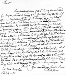 David Humen kirjoittama kirje Richard Davenportille, jossa viitataan hänen suhteensa suuriin vaikeuksiin Jean-Jacques Rousseaun kanssa, Rousseaun kieltäytymiseen ottamasta eläkettä ja hänen riitoihinsa Humen kanssa, 8. heinäkuuta