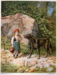 Punahuppu ja susi, 1800-luvun loppupuoli (kuvitus).