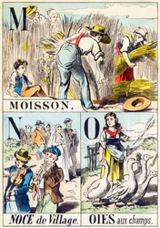 M N O : Moisson, Noce de village, Oies aux champs - "Matalon aakkoset" 1800-luvun loppu (kaiverrus)