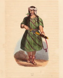 Karen-heimon mies (Karene tai Karyang) (Burma, Myanmar) - Etelä-Burman karen-heimon mies - Käsinväritetty puupiirros teoksesta "Mores, Uses et Costumes de tous les Peoples du Monde, Asia", kirjoittanut Auguste Wahlen, Jean Francois Nicolin salanimi.