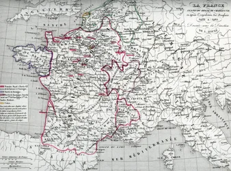Kartta Ranskasta kuningas Kaarle VII:n aikana ja englantilaisten karkottamisen jälkeen vuosina 1422-1461 (Kartta Ranskasta kuningas Kaarle VII:n aikana) Houzen "Atlas Universel" -teoksesta peräisin oleva levy