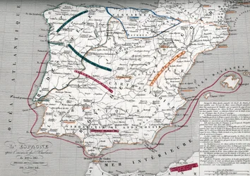 Kartta Espanjasta germaanisen Hispanian aikana, 409-585 (Kartta Espanjasta germaanisen Hispanian aikana) Kaiverrus Houzen "Atlas Universel" -teoksesta