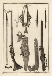 Matchlock-musketti, lukko ja pistin Tower of Londonista 1-3, pistin 4, musketin tuki ja pistin 5, muskettituki 6, bandilerit ja ruutipullo 7, pyörän lukko 8,9 ja jakoavain 10