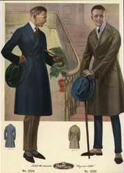 Miesten muoti 1920 - Miehet kaksirivisissä takkeissa, keppejä ja hattuja kantavat miehet, joilla on säärystimet. Kromolitografia Bruner Woolensin miesten muotiluettelosta.