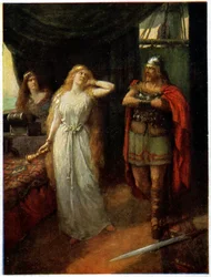 Musiikki. Ooppera. Tristan ja Isolde. Ferdinand Leeken kuvitus oopperalle: Tristan und Isolde, kirjoittanut Richard Wagner (1865), Saksa, noin 1910 (postikortti)